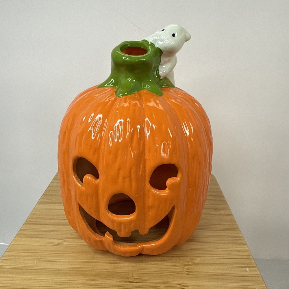 VTG Ceramic Pumpkin JOL Candle Cover With Ghost 7" 90's 80's